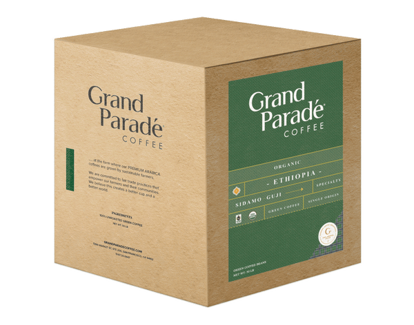 Grand Parade Coffee, Organic Ethiopia Sidamo unroasted coffee Beans. Washed process, specialty arabica Ethiopian green coffee beans for roasting by home roasters. 50 Lb box of bulk raw coffee beans