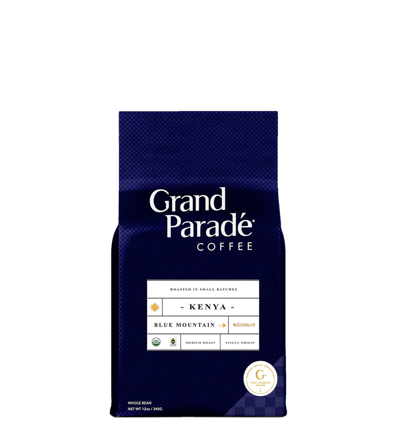Exclusive Kenya Blue Mountain medium roast whole bean coffee bursting with flavor. Sweet tropical fruits complement a creamy chocolate base with tons of butterscotch.