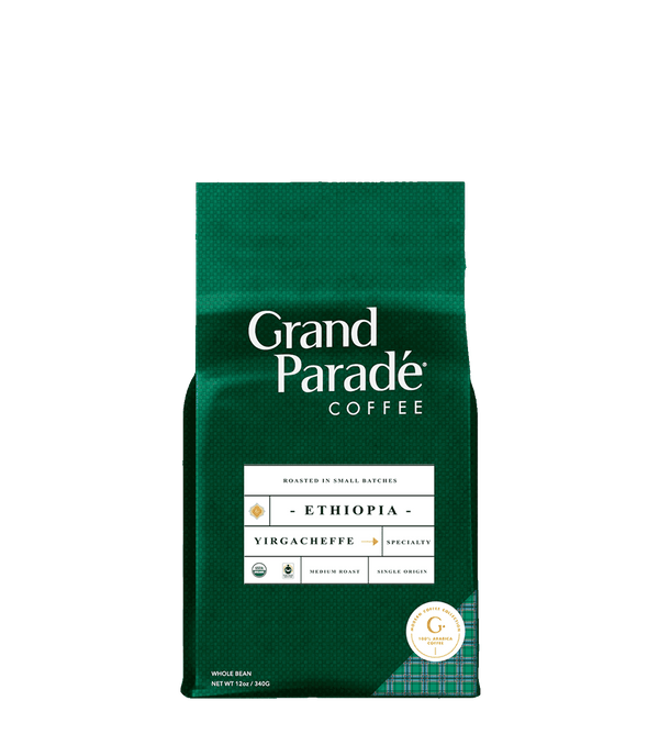 Grand Parade's fresh light, medium dark roast, Organic Ethiopian Yirgacheffe whole bean coffee is a smooth, floral and rich premium specialty arabica, single origin coffee that matches any African coffee. Same flavor as Harrar, Sidamo, Guji ground coffee. Best premium, gourmet coffee for home brewing best tasting drip, pour over, espresso coffee. Shop online 1 lb bag or wholesale 2, 5, lbs for cafes and offices.