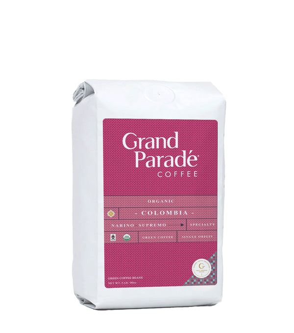 Grand Parade Coffee, organic Colombia Supremo Narino unroasted coffee beans. Specialty arabica Colombian green coffee beans with bittersweet chocolate notes. Cherry and sweet orange fruit flavors round up this central American coffee. Shop online 3lbs, 5 Lb or 10 pounds sampler green coffee. Home coffee roasters will enjoy roasting this raw coffee.