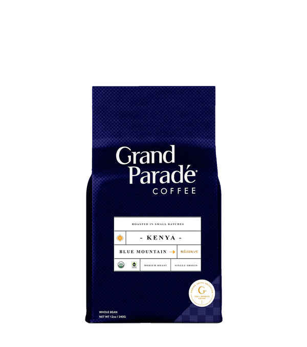 Exclusive Kenya Blue Mountain medium roast whole bean coffee bursting with flavor. Sweet tropical fruits complement a creamy chocolate base with tons of butterscotch.